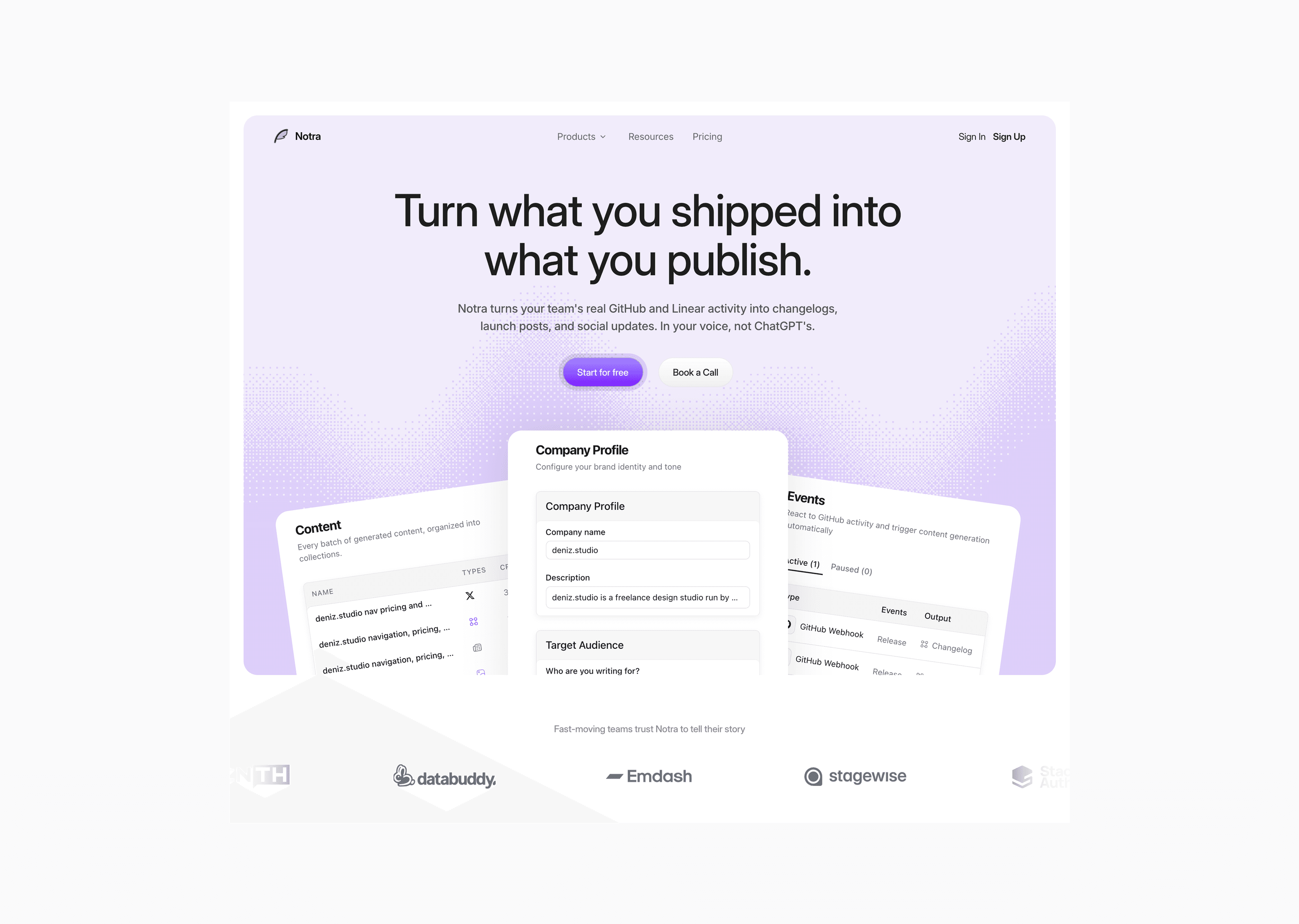 The product-led Notra landing page hero
