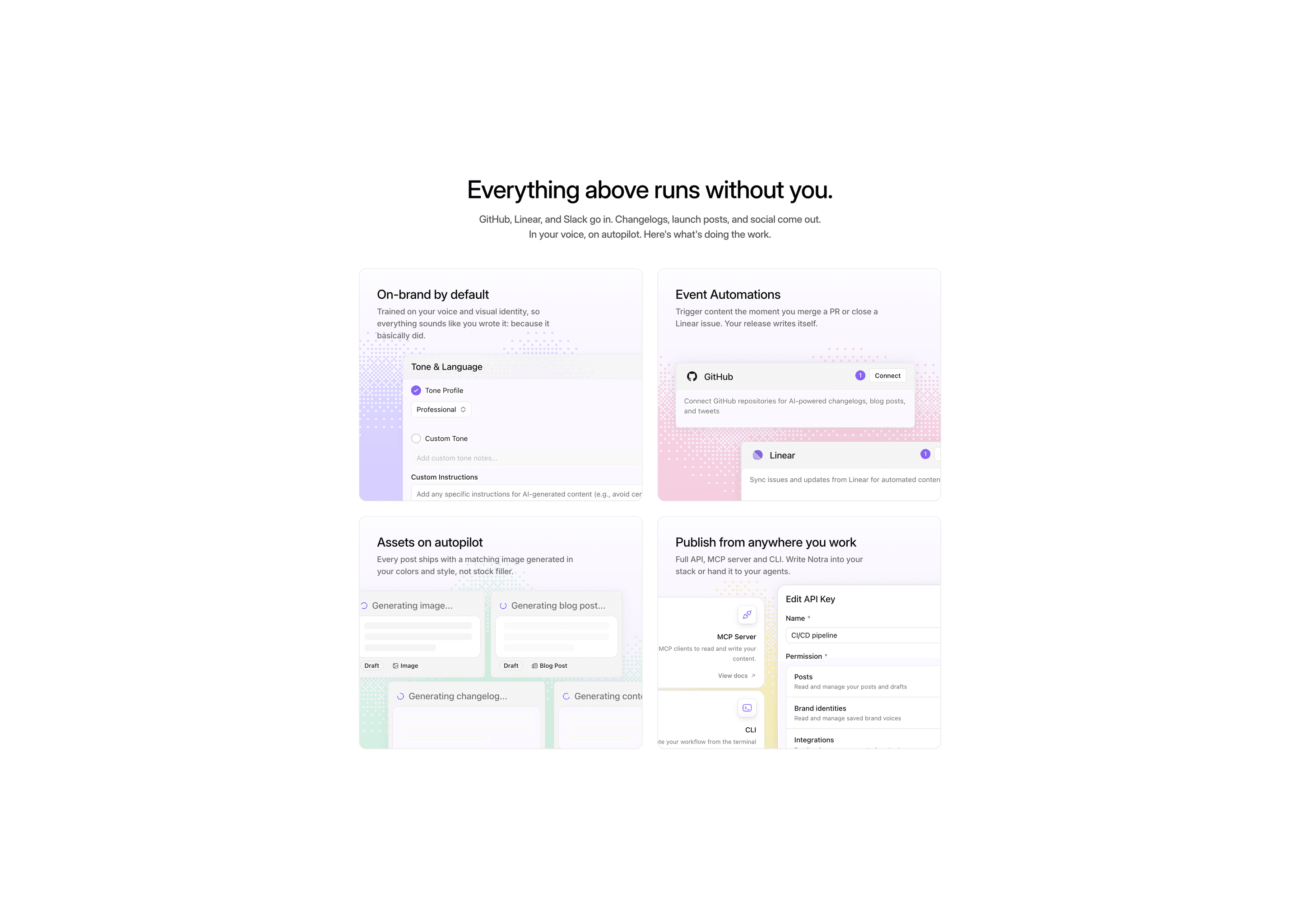 Notra feature cards combining product interface elements with colored dither details