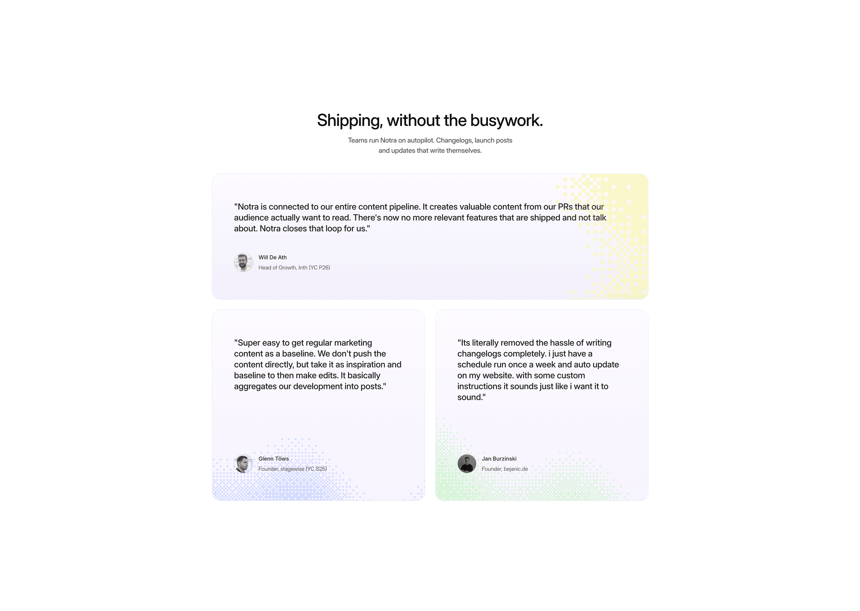 Notra testimonial cards led by customer portraits and quotes