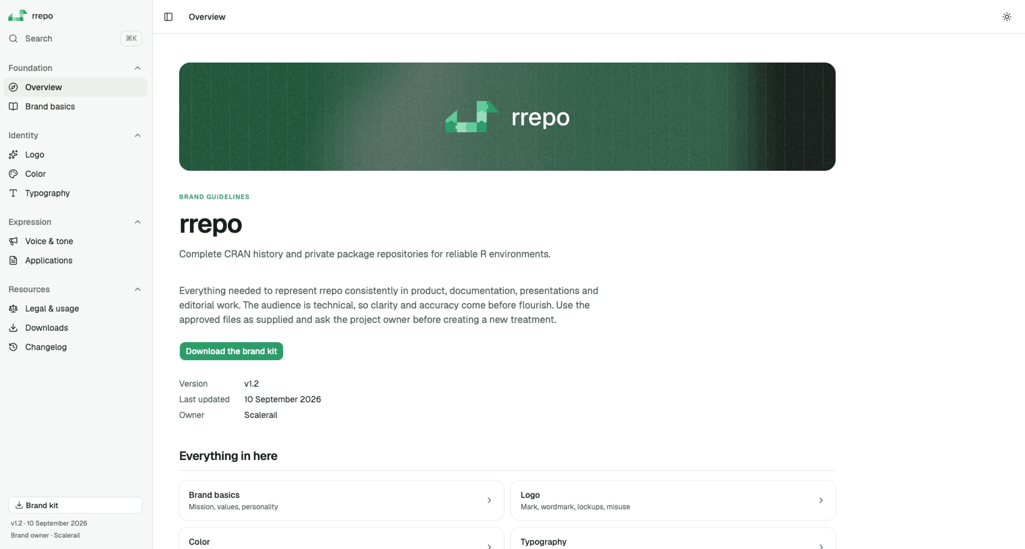 The rrepo brand guidelines dashboard, with the identity overview, navigation and brand-kit download.
