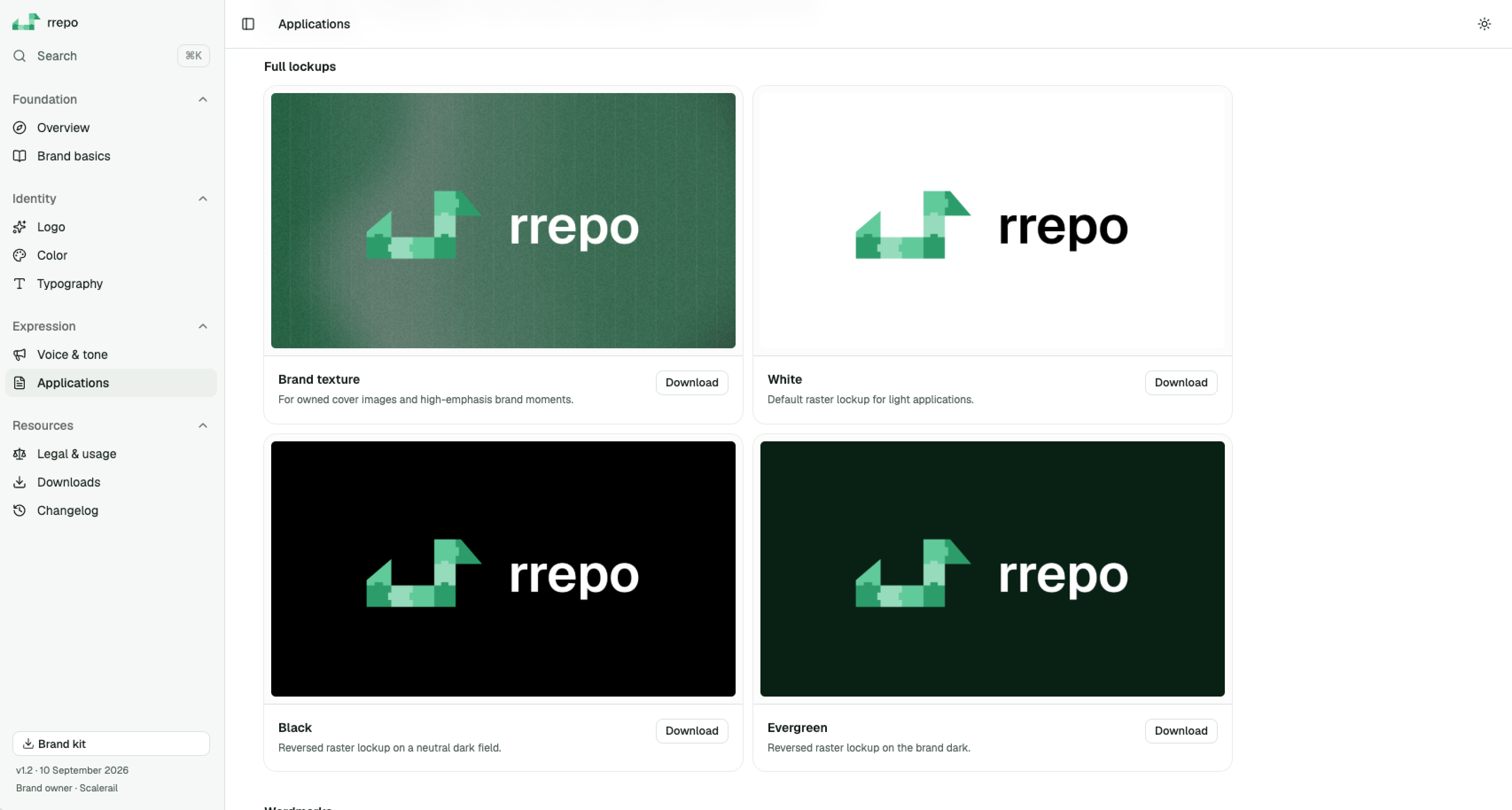 The dashboard’s Applications page, showing rrepo logo lockups on brand texture, white, black and evergreen backgrounds, each with a download button.