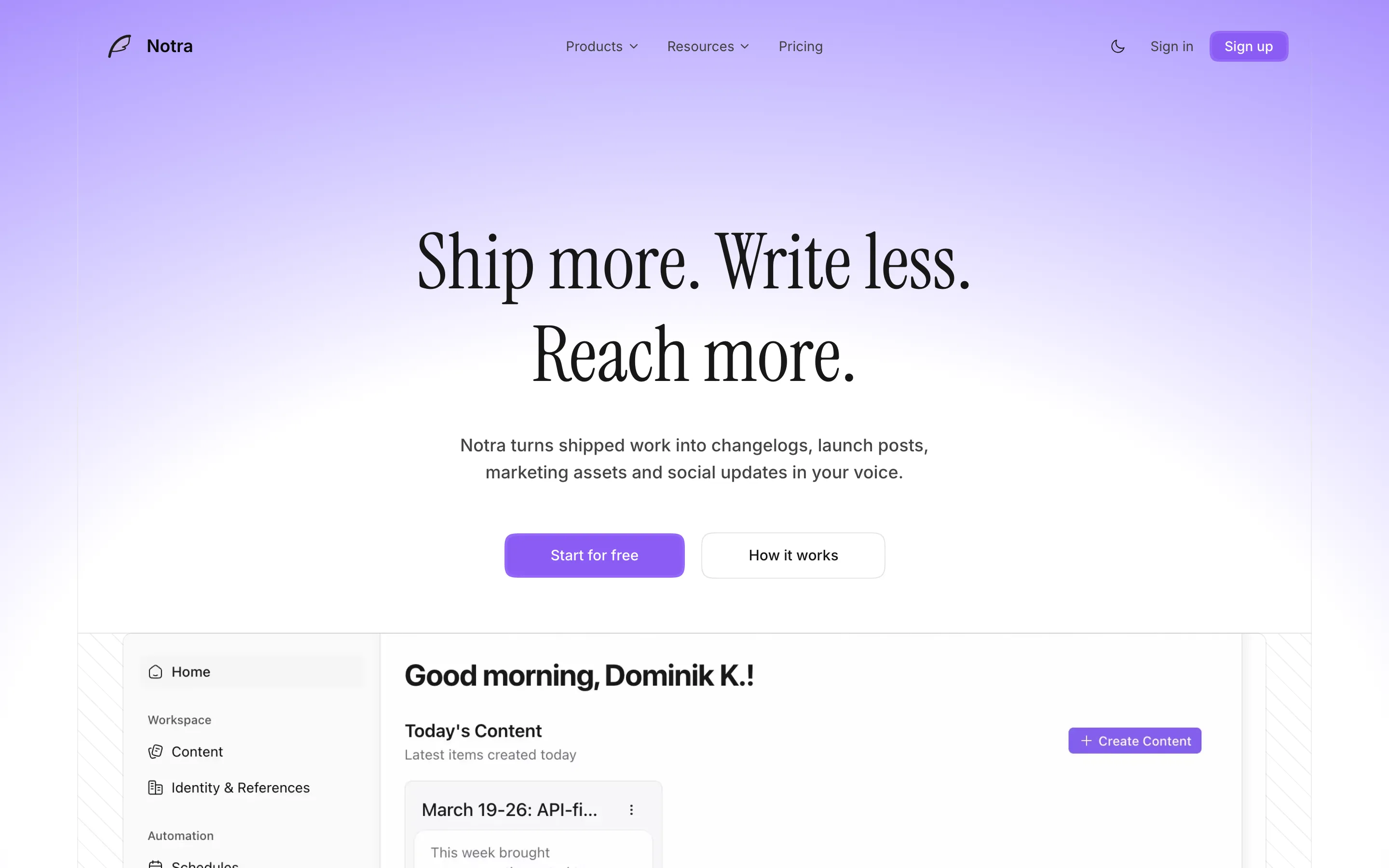 Notra previous landing page hero