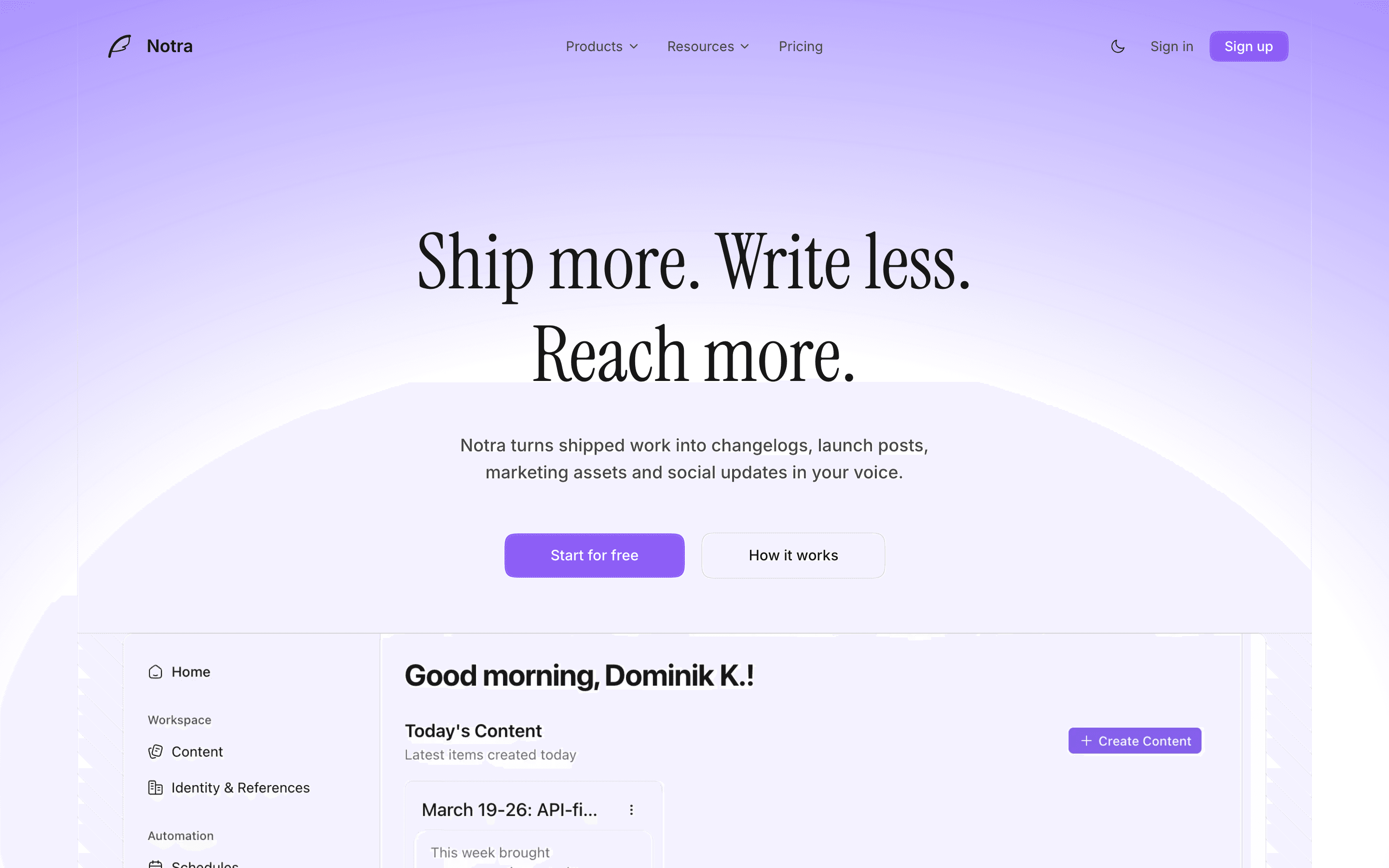 The hero section of Notra's previous landing page