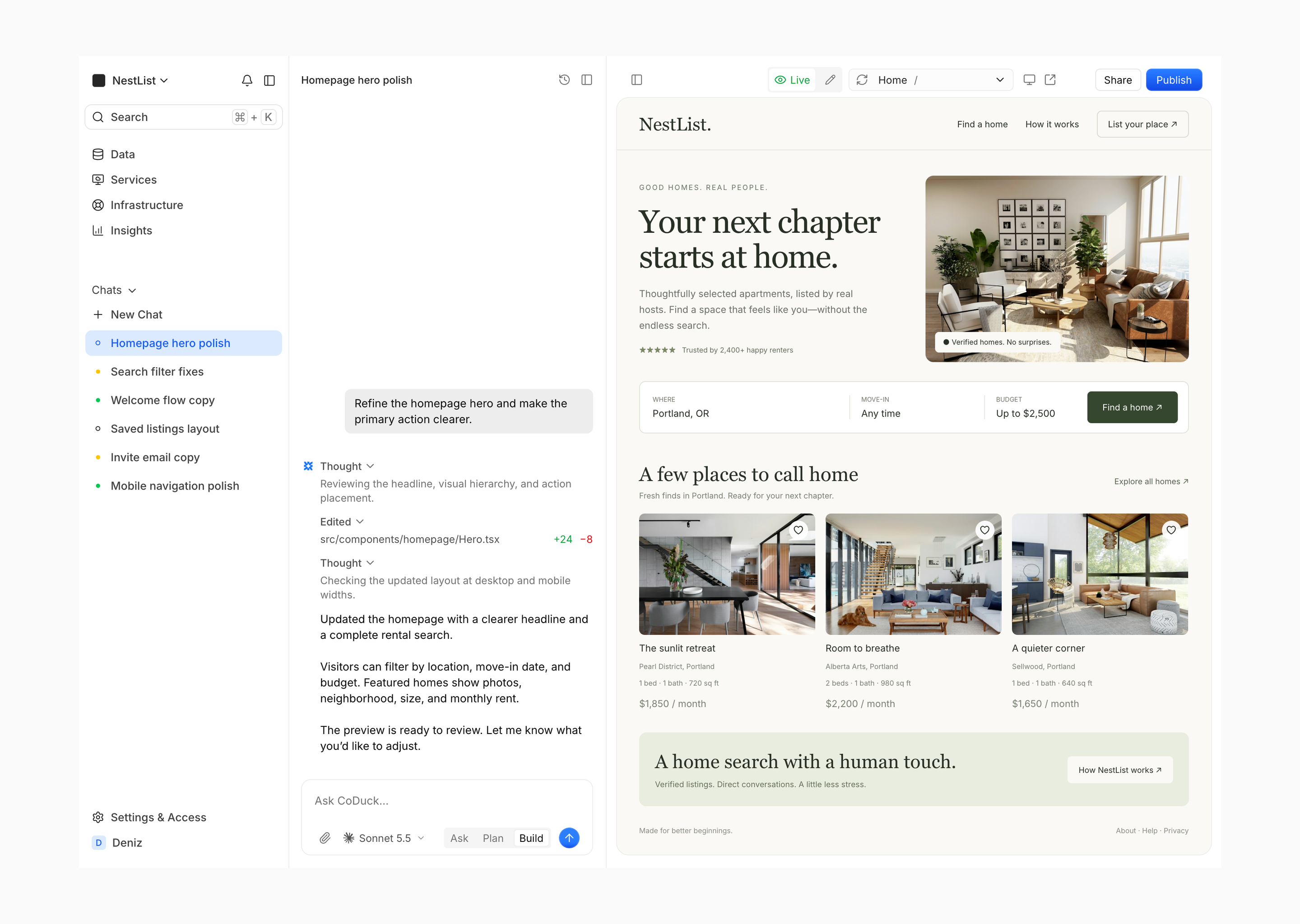 CoDuck’s redesigned workspace, with project navigation, AI chat and a live website preview.