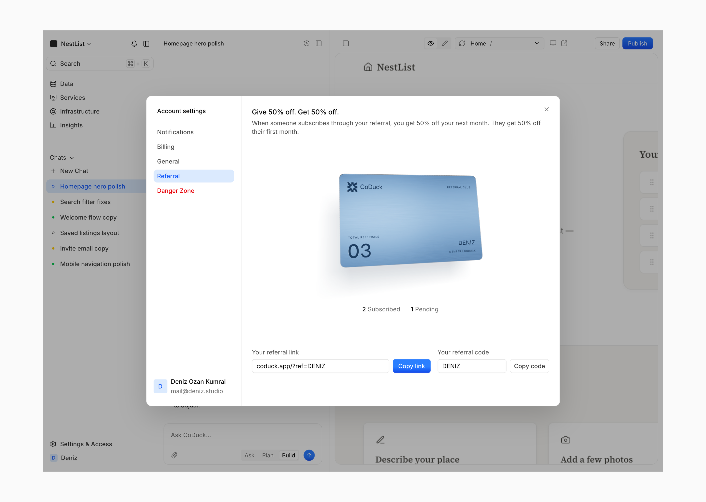 CoDuck’s referral page, with a blue membership-style card above the referral link and code.
