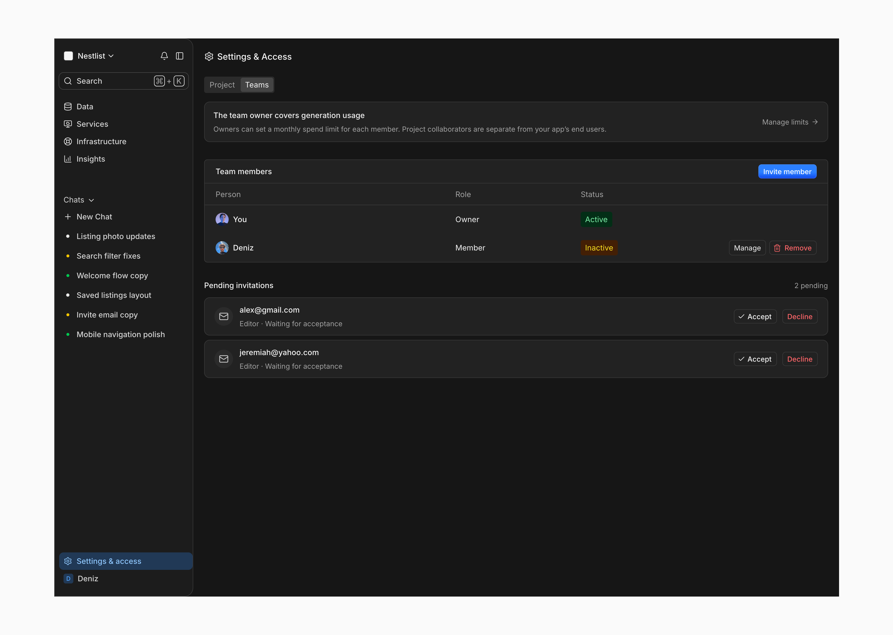 CoDuck team settings in dark mode